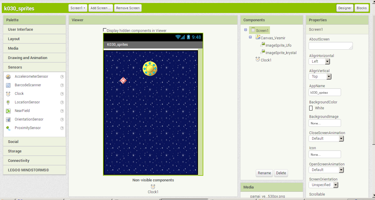 App Inventor ukázka práce se sprites, design