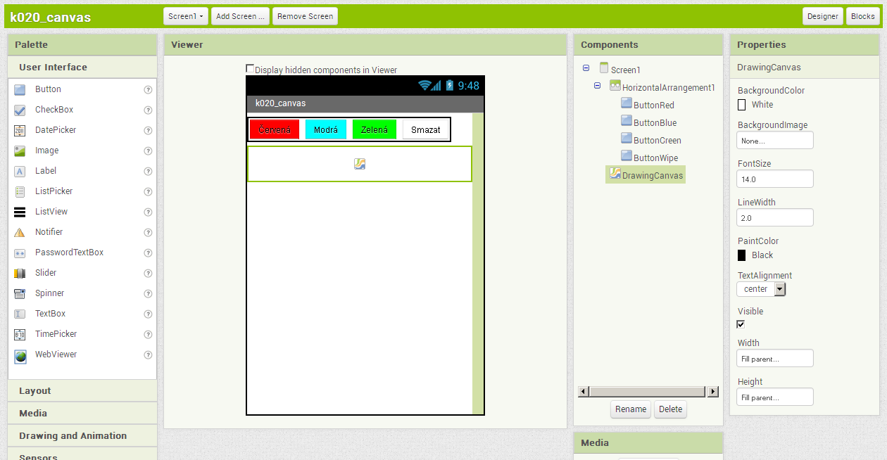 App Inventor ukázka práce s canvas, design