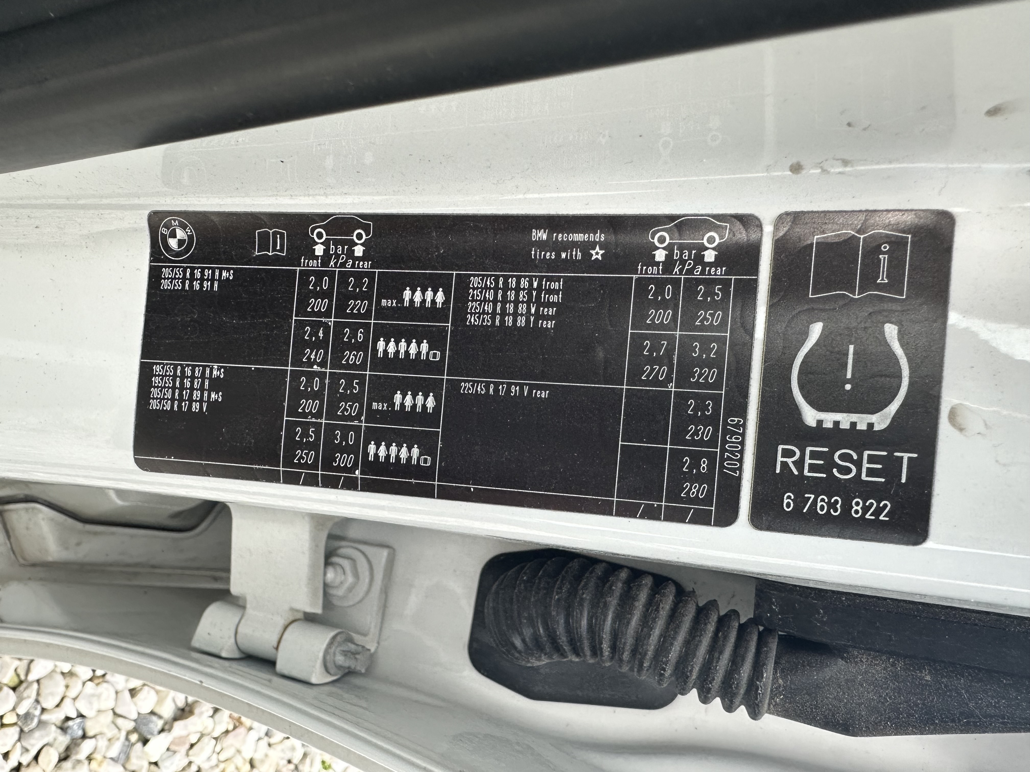 Obr 1. Tabulka tlaků pneumatik na BMW E87