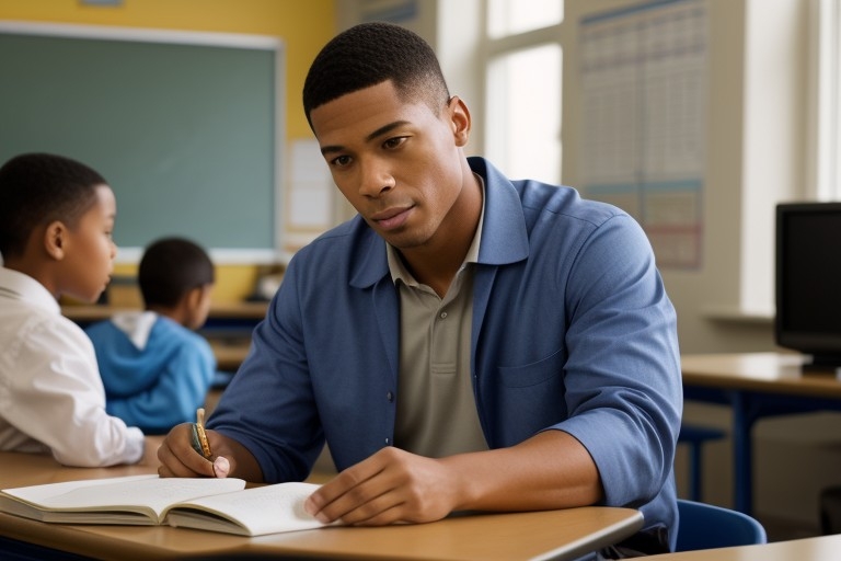AI generated teacher preparing materials facing other students