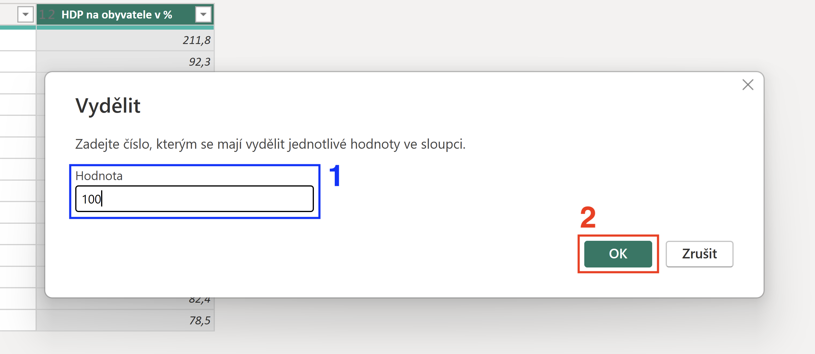 Vydělení hodnoty pro přípravu dat na zobrazení procent