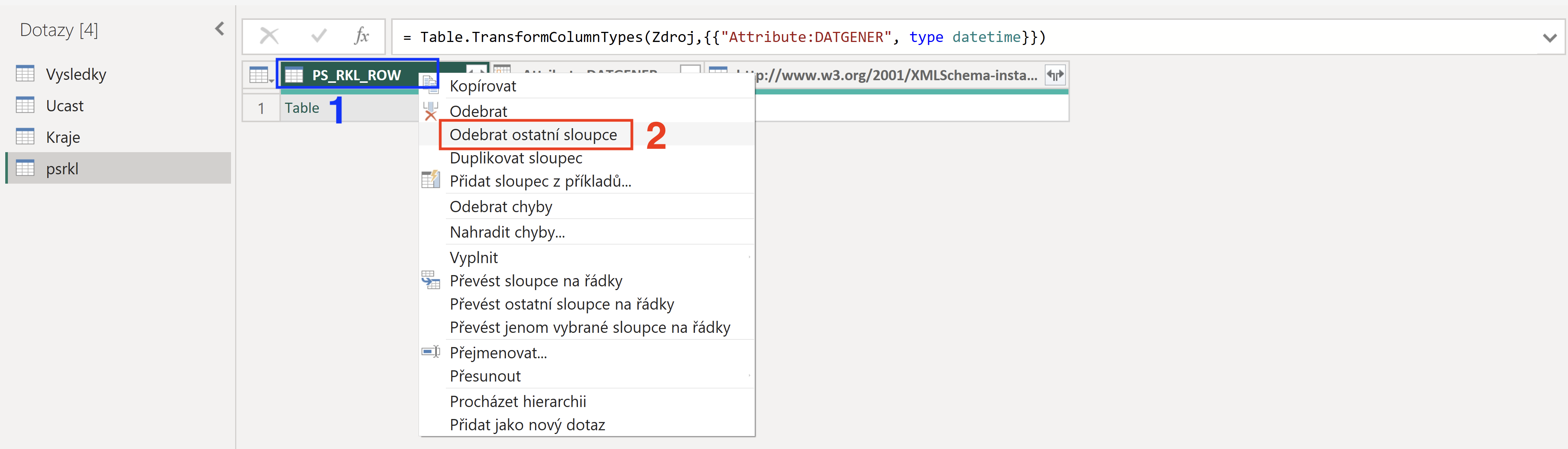 Odebrání sloupců Schema a Datum generování