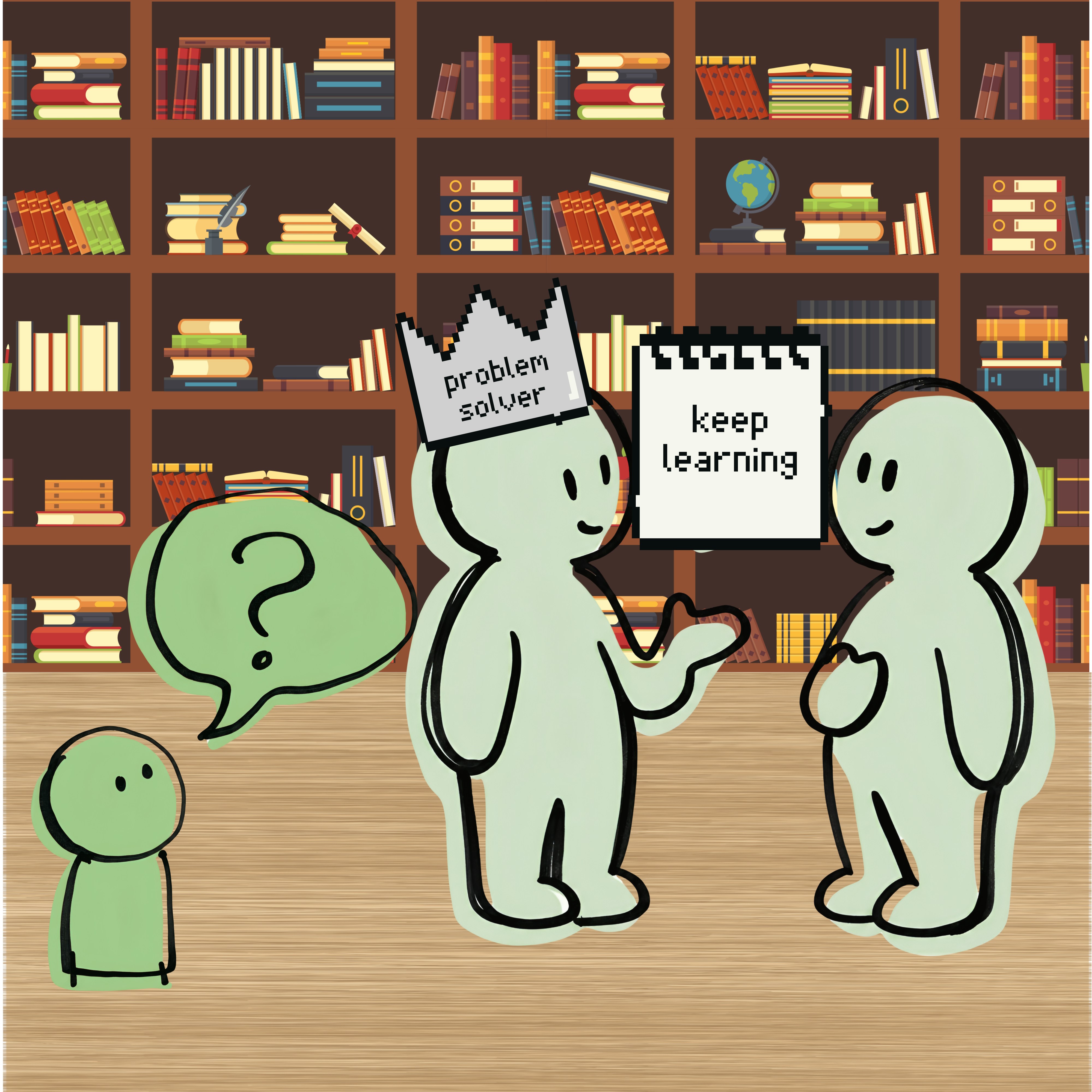a dialogue "keep learning" on notes in a library