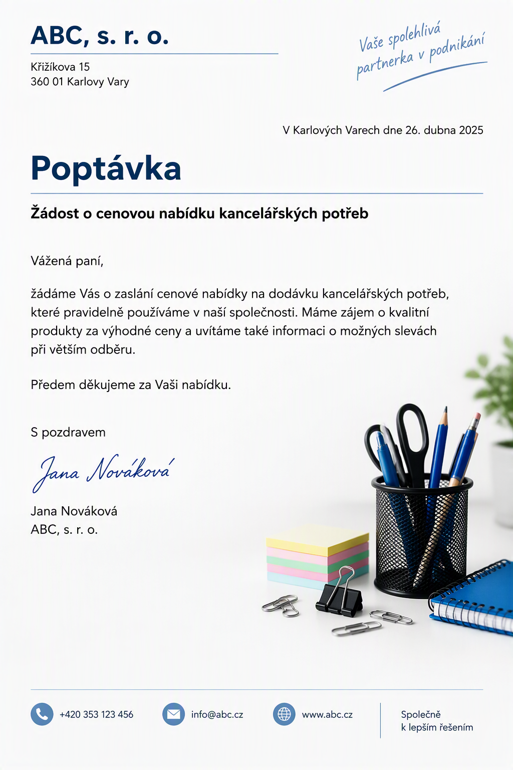 Poptávka formou e-mailu a inzerátu - vzor
