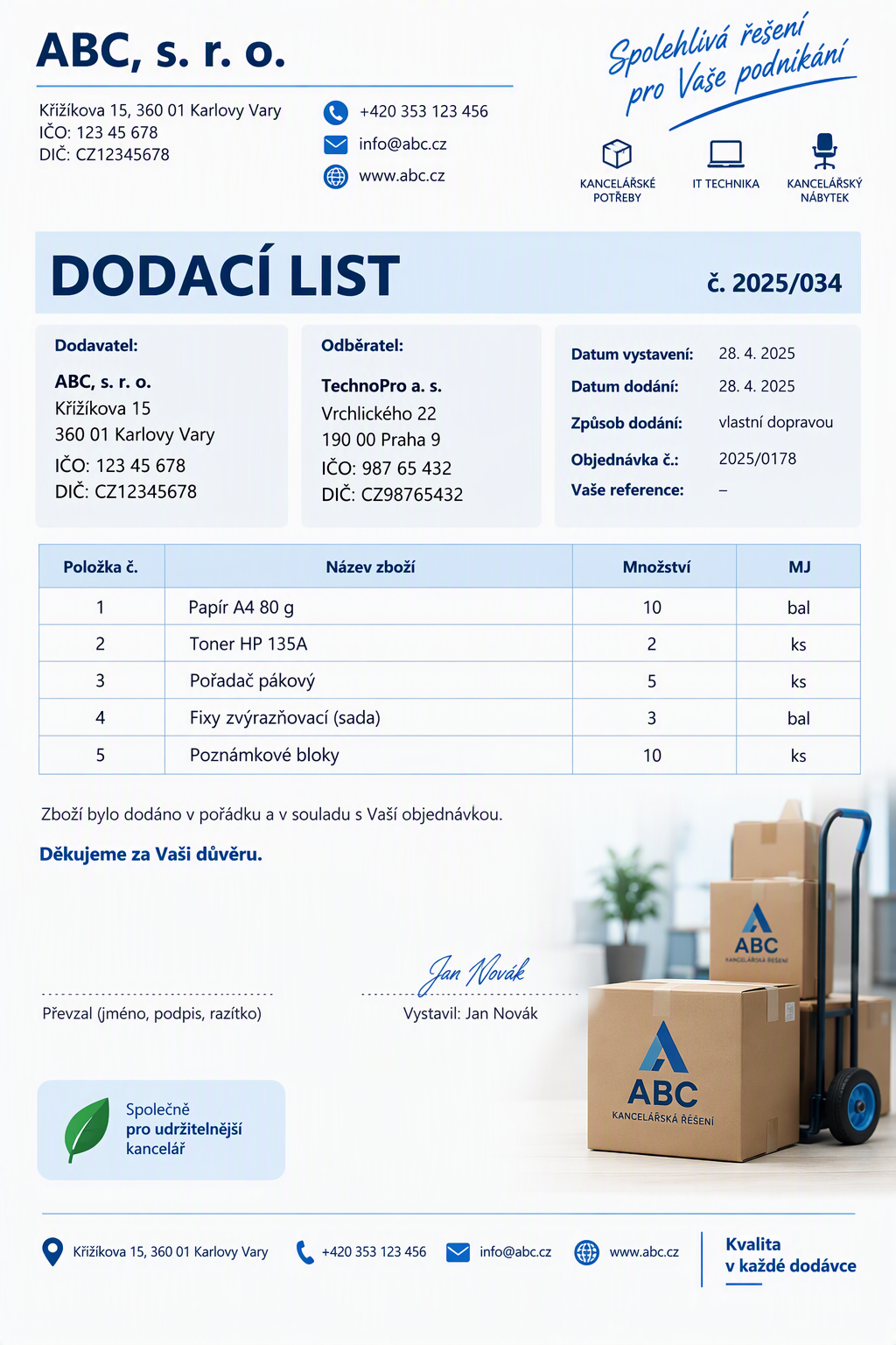 Dodací list - vzor