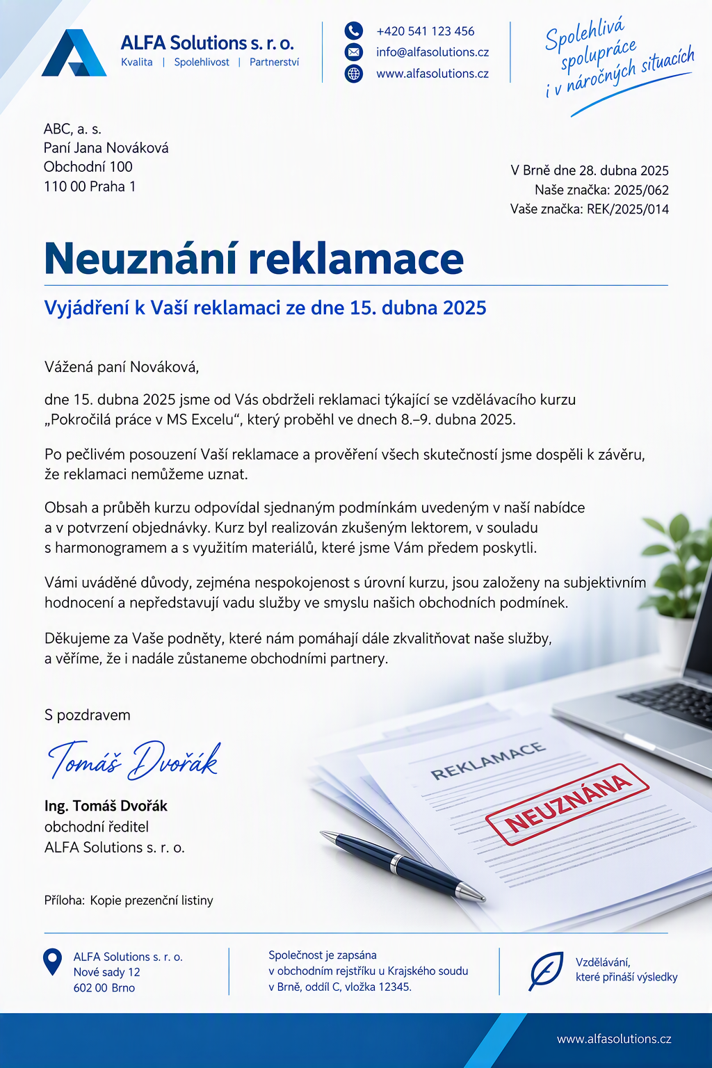 Neuznání reklamace - vzor