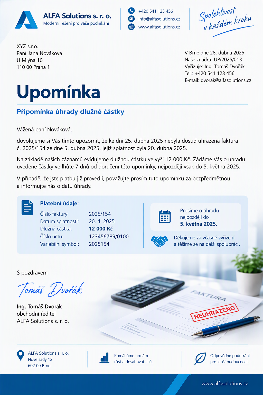 Upomínka - vzor